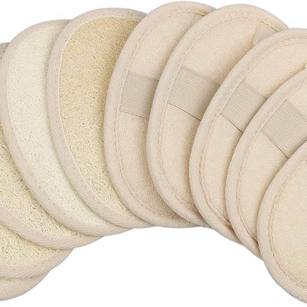 10-Pack Exfoliating Loofah Sponge Pads - Natural Luffa & Terry Cloth, Body Scrub